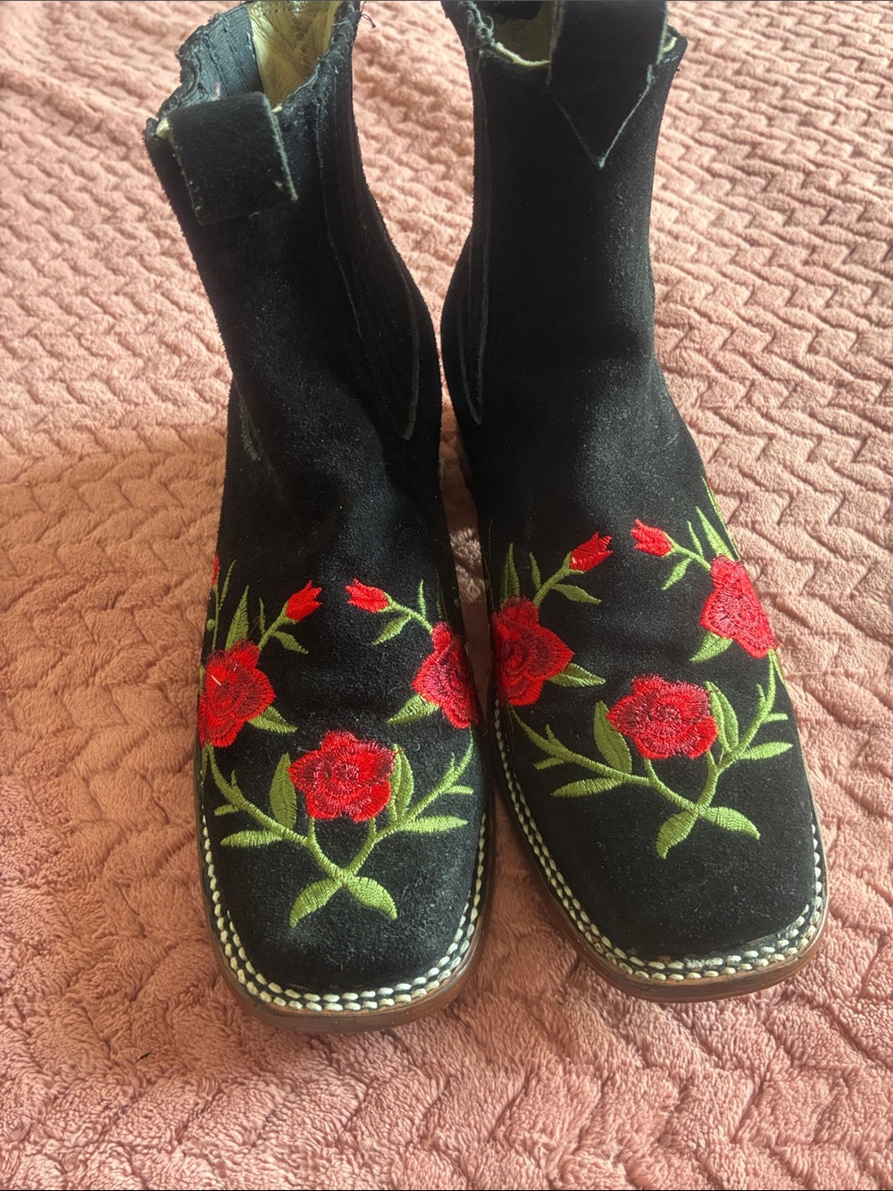 Black Suede Ankle Boots with Red Rose Embroidery - Women